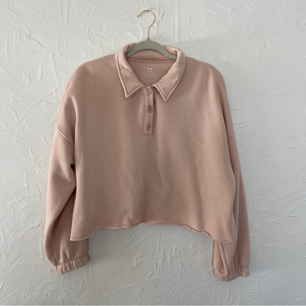 Aerie Cotton Blend Button Crewneck Long Sleeve Shirt. Light blush pink Size M